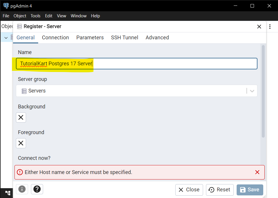 Connect to a Database Server in pgAdmin 4 - Step 3: Configure Server Connection Details - General tab