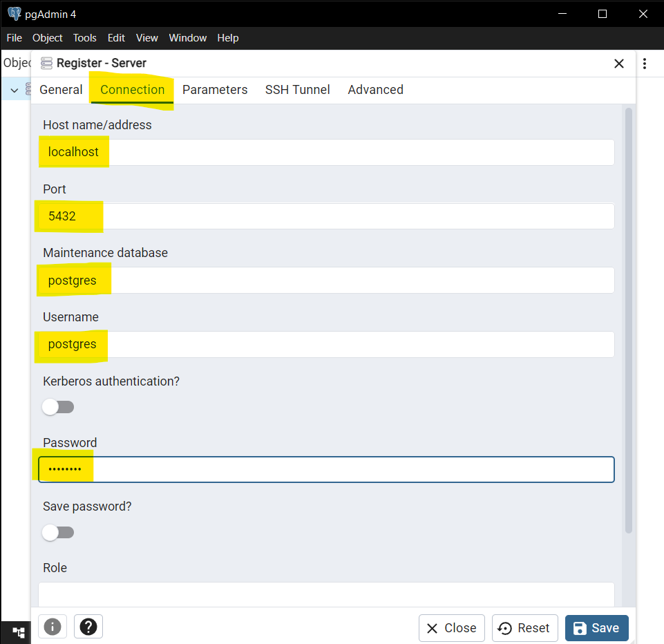 Connect to a Database Server in pgAdmin 4 - Step 3: Configure Server Connection Details - Connection Tab