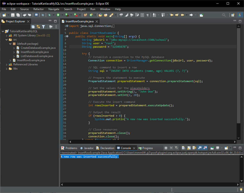 Java MySQL - INSERT Row - Run the Java Program