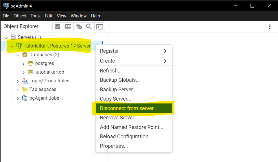 Disconnect from a Database Server in pgAdmin 4 - Step 3: Disconnect from Server