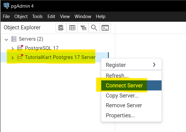 Back Up a Database in pgAdmin 4 - Step 1: Connect to Server 