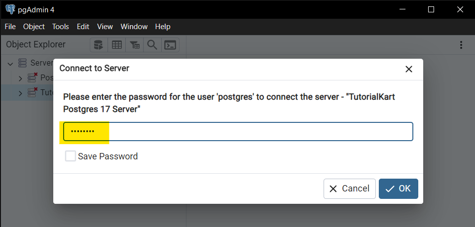 Back Up a Database in pgAdmin 4 - Step 1: Enter Password