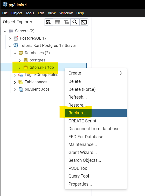 Back Up a Database in pgAdmin 4 - Step 3: Open the Backup Dialog by Right Click