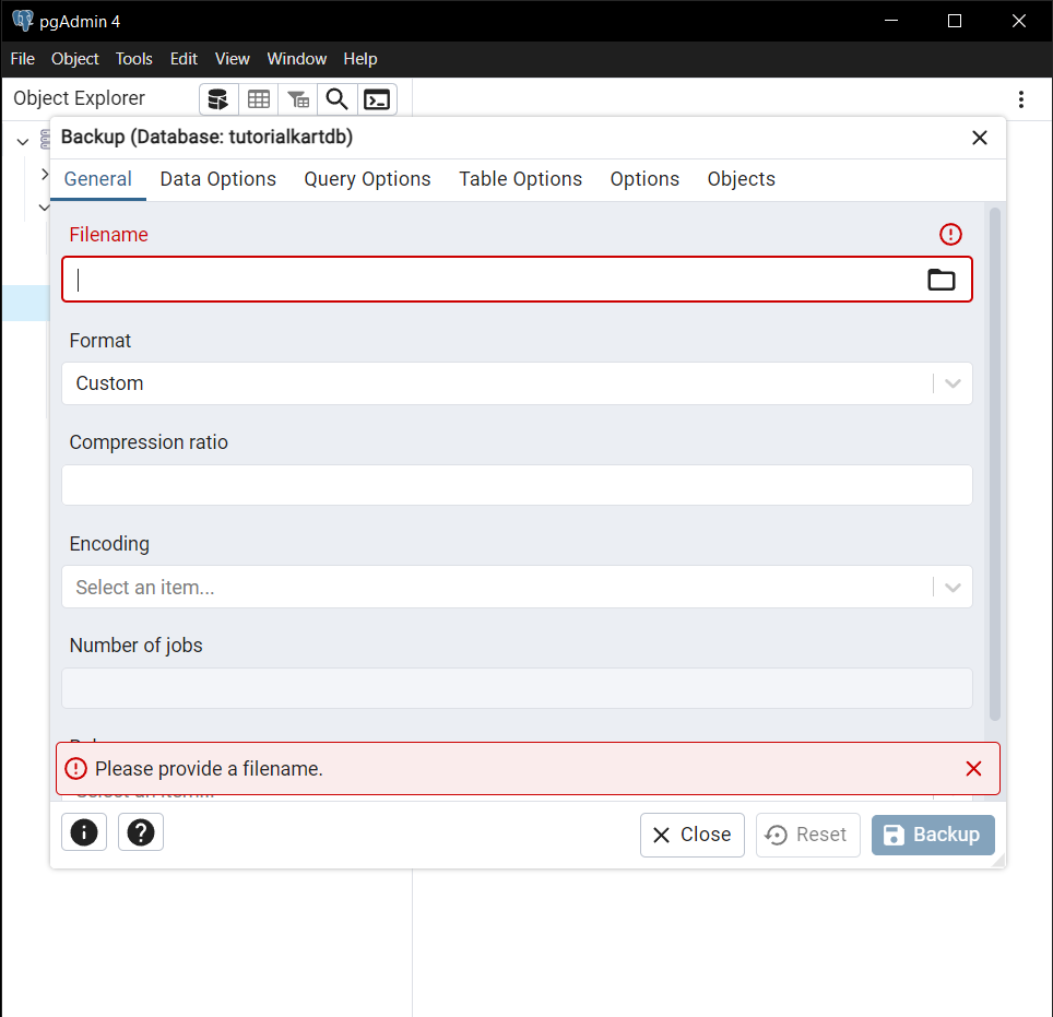 Back Up a Database in pgAdmin 4 - Step 3: Backup Dialog