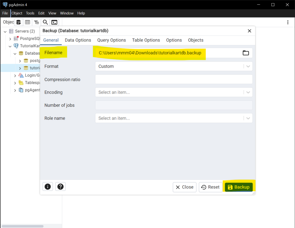 Back Up a Database in pgAdmin 4 - Step 4: Configure Backup Options