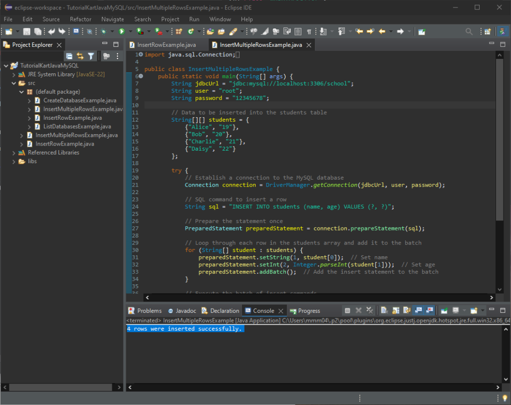 Insert Multiple Rows in MySQL Table - Java Program Output