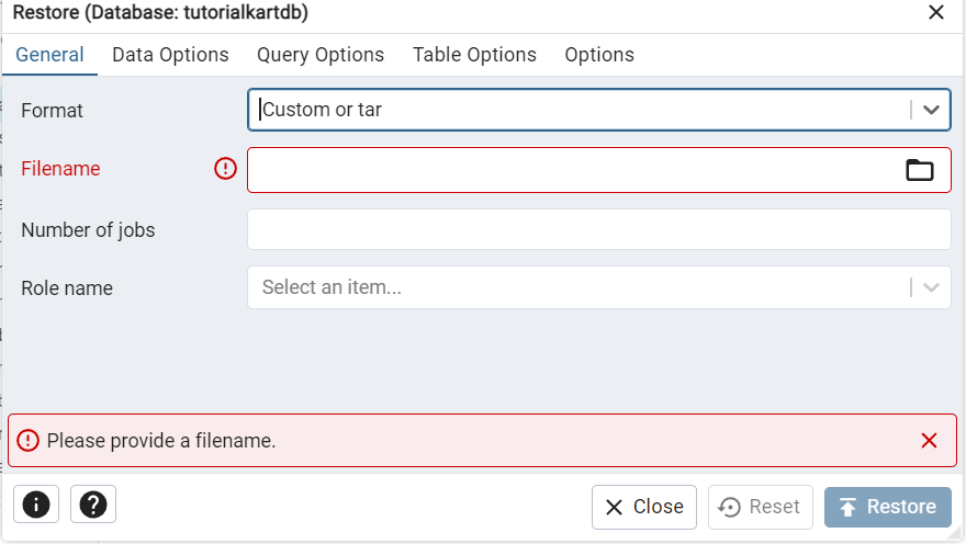 Restore a Database in pgAdmin 4 - Select backup file