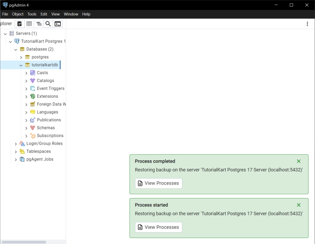 Restore a Database in pgAdmin 4 - Success