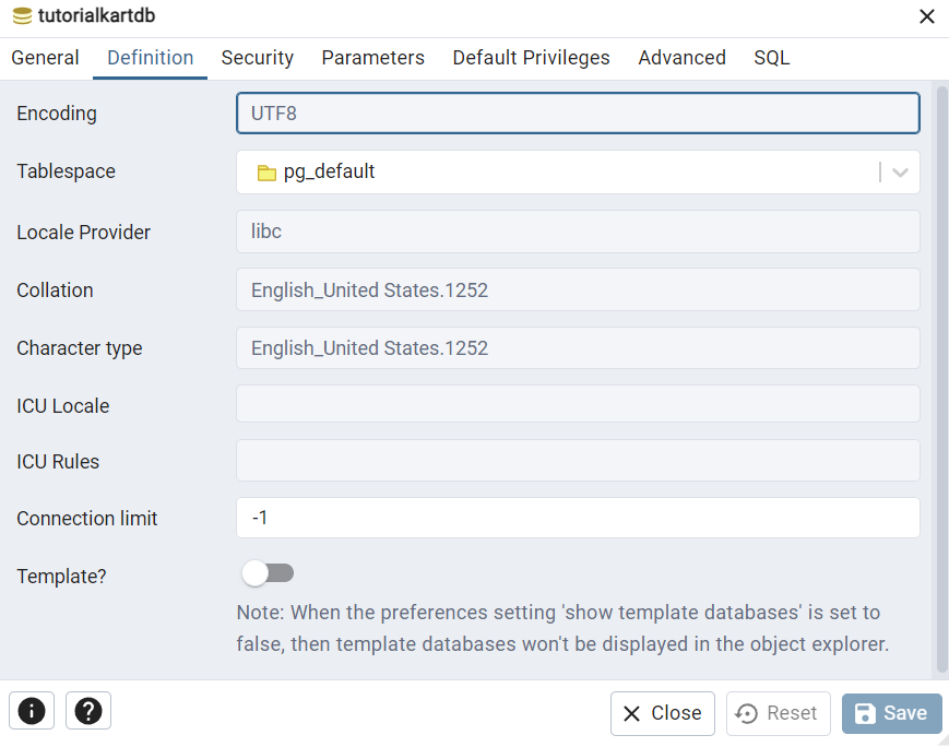 View Database Properties in pgAdmin 4 - Definition