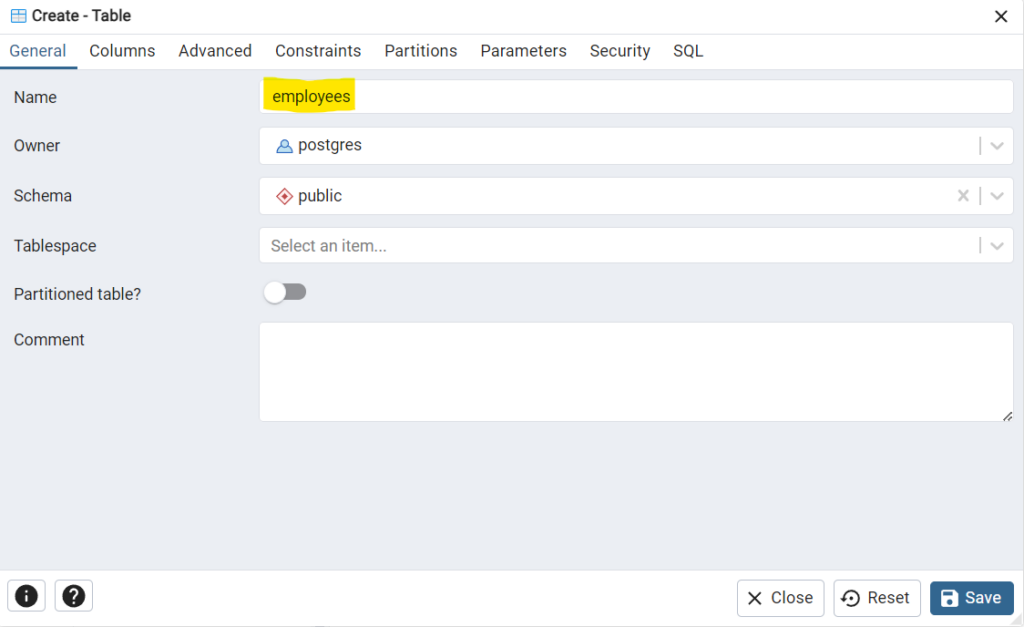 Create a Table in pgAdmin 4 - Enter Table Name