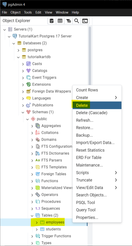 Delete a Table in pgAdmin 4