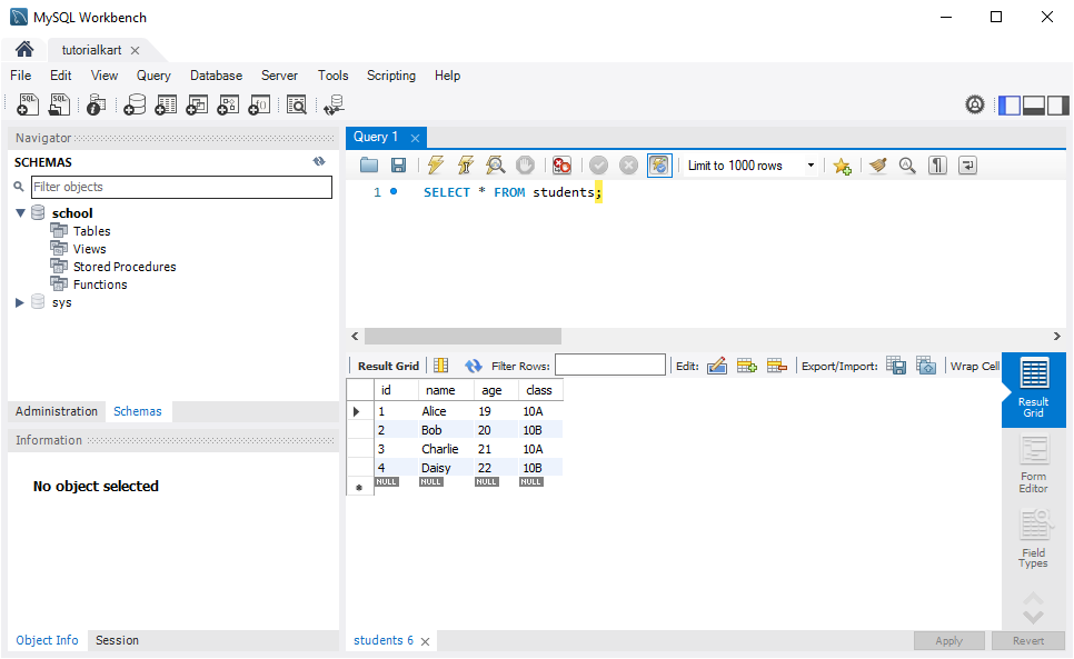 Java MySQL - SELECT Row - MySQL Table Contents for Example