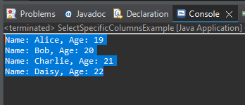 Java MySQL - SELECT Rows - Select Specific Columns - Eclipse Output