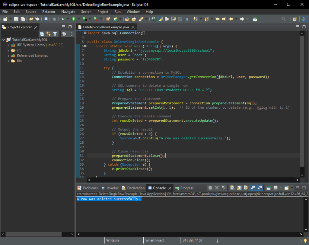 Java MySQL - Delete Single Row - Java Program Run in Eclipse 