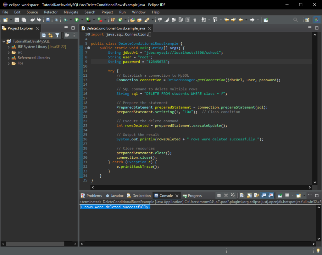 Java MySQL - Delete Multiple Rows Based on a Condition - Java Program Run in Eclipse 