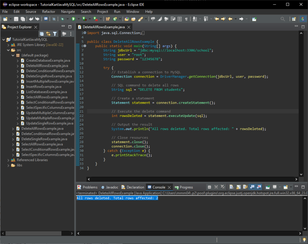 Java MySQL - DELETE All Row(s) - Run in eclipse