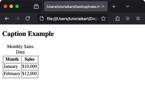 Basic Example of HTML <caption> Tag