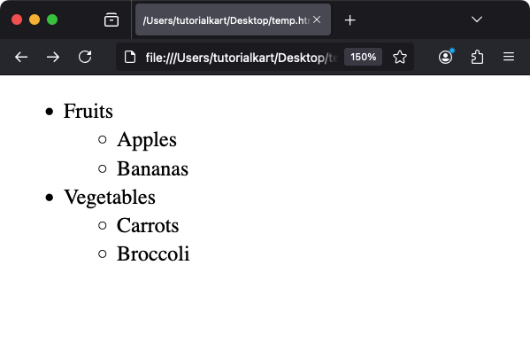 HTML Lists - Nesting Unordered Lists Example