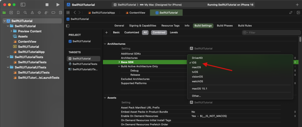 Xcode SwiftUI Project - Change Base SDK to iOS in Build Settings