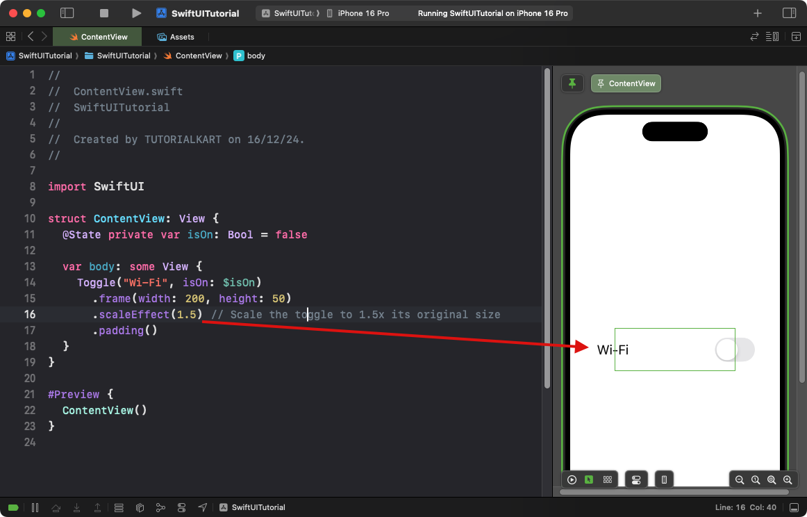 SwiftUI Example for Scaling the Toggle with .scaleEffect()