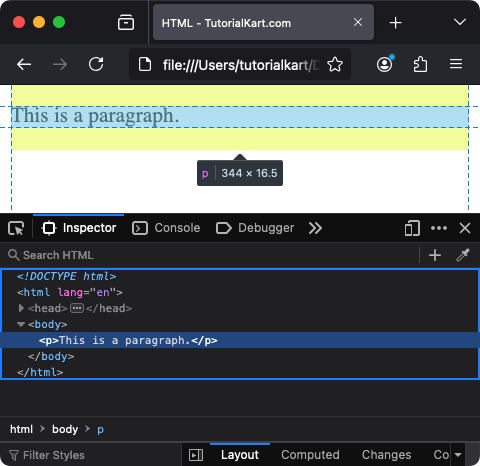 HTML Elements Example - A paragraph displayed in a web page, along with the code in page Inspector