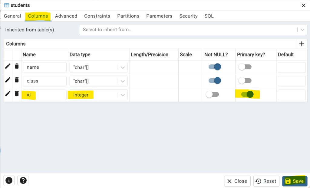 PostgreSQL - Add Columns to a Table in pgAdmin - Step 4: Add a New Column id as Primary Key