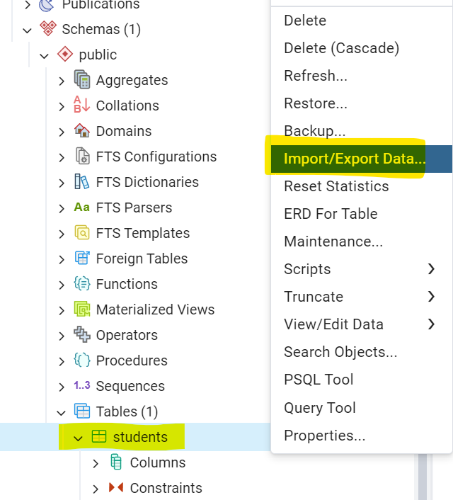 PosgreSQL - Export a Table in pgAdmin - Step 3: Open the Export Dialog