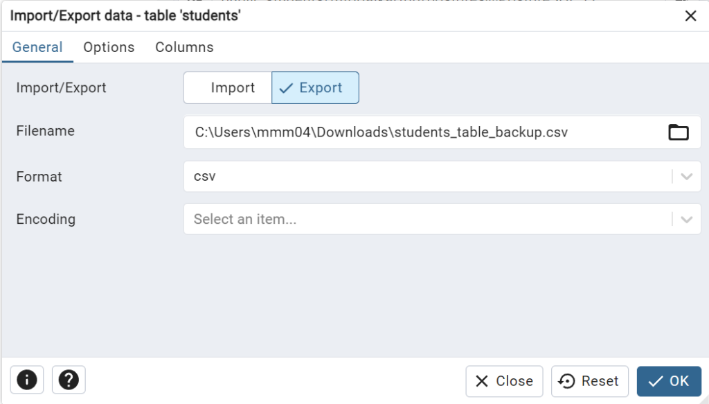 PosgreSQL - Export a Table in pgAdmin - Step 4: Configure Export Settings