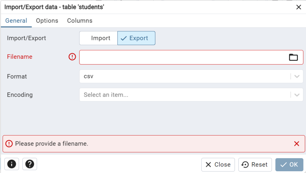 PosgreSQL - Export a Table in pgAdmin - Step 3: Open the Export Dialog