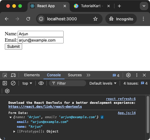 Extract Form Data using Uncontrolled Components and Refs in React Application