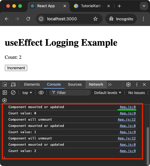 React Example: Log to Console in Lifecycle Events Using useEffect