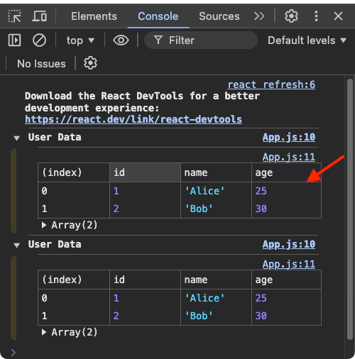 Log to Console - Enhanced Logging in React using console.table()