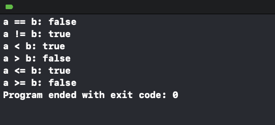 Swift Example Output for  Demonstrating All Comparison Operators