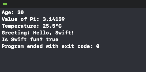 Output for Swift Example: Built-in Data Types