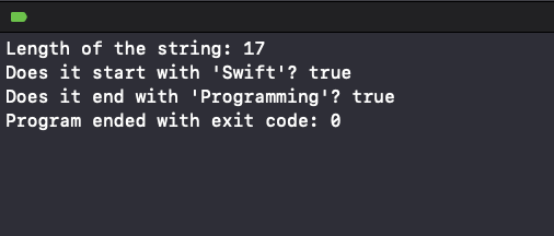 Output to Example for String Properties and Methods in Swift