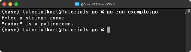 Example Program to Check Palindrome String in Go with input string 'radar'