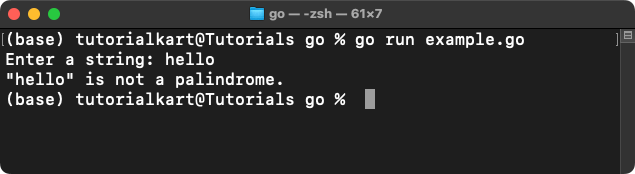 Example Program to Check Palindrome String in Go with input string 'hello'