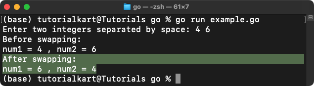 Go Example Program to Swap Two Numbers: 4 6