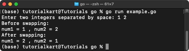 Example Program to Swap Two Numbers: 1 2