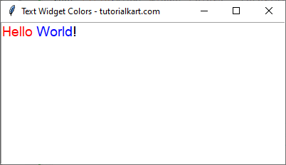 Example for Setting Different Colors for Words in a Text Widget - Red Color for Hello and Blue color for World