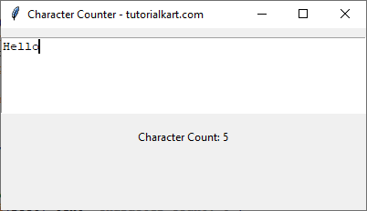 Hello entered in Text Widget in Tkinter Python, and the character count is displayed 5